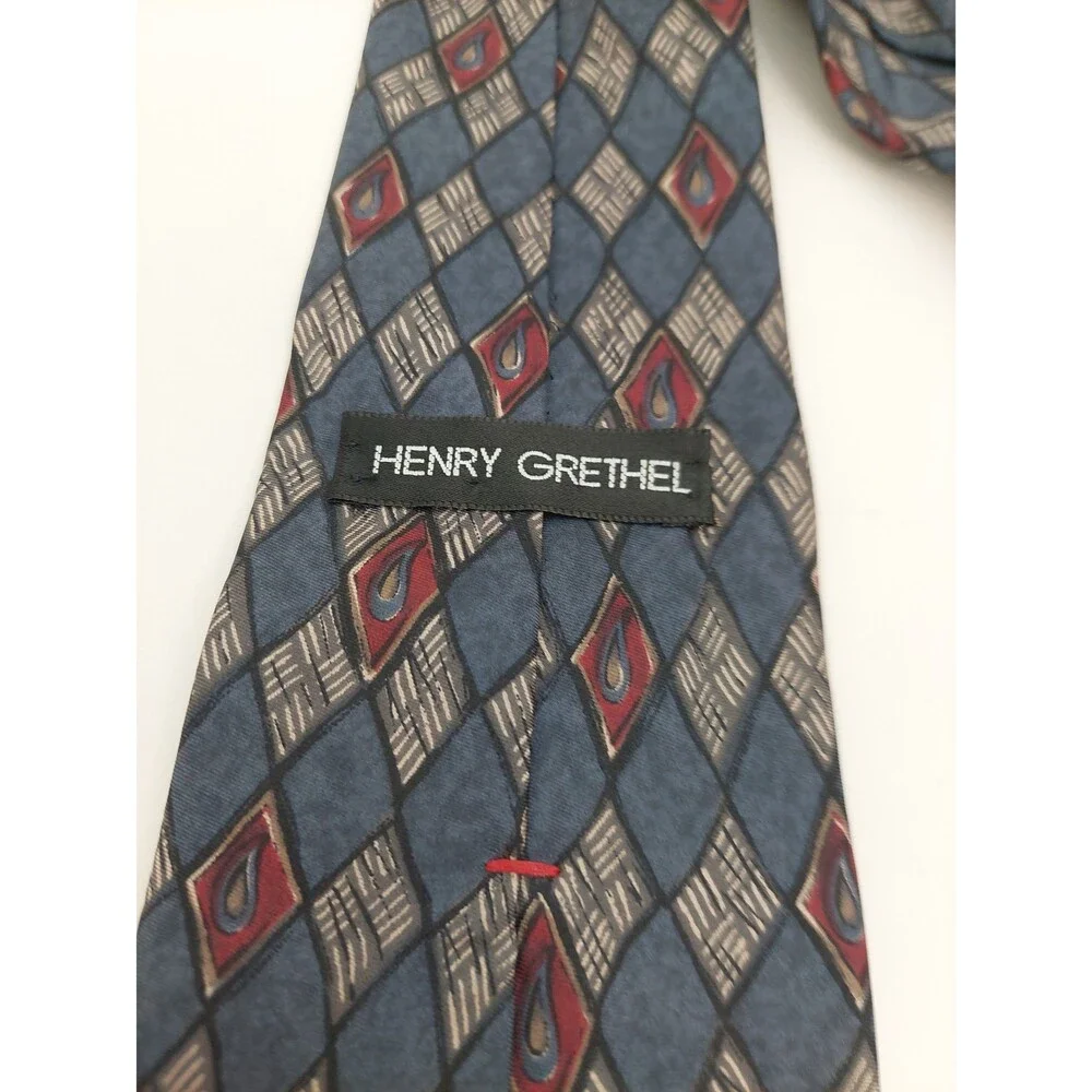 Henry Grethel Men's Tie Blue Burgundy Gray Diamond Pattern